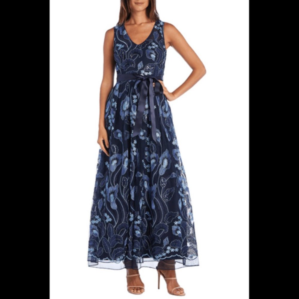 R&M Richards NWT $249 Floor Length Gown with Sheer Overlay, Sequins, sz 8P